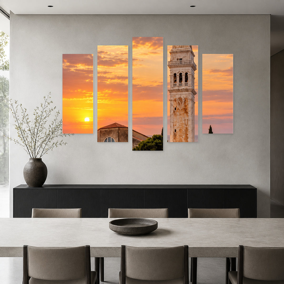 Bell Tower of St. Euphemia at Golden Sunset — five-panel wall art in alternate frontal interior | 5wallart 57565 M4