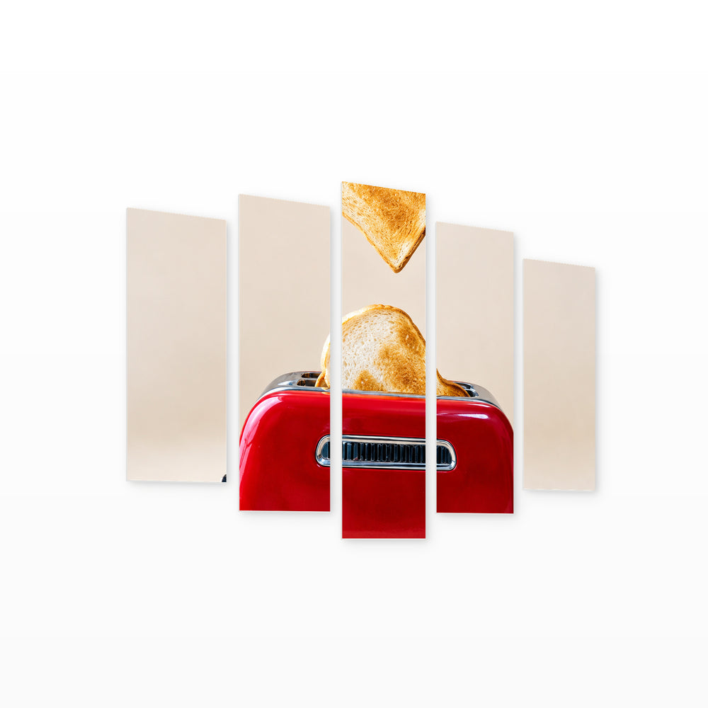 Red Toaster with Vintage Character — five-panel wall art on white background in perspective | 5wallart 57566 M1