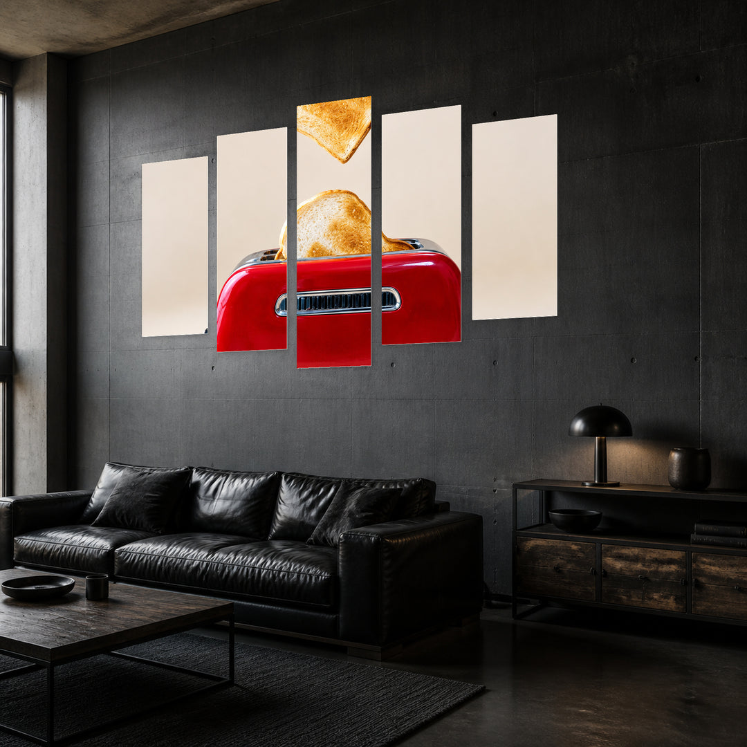 Red Toaster with Vintage Character — five-panel wall art in perspective interior | 5wallart 57566 M2