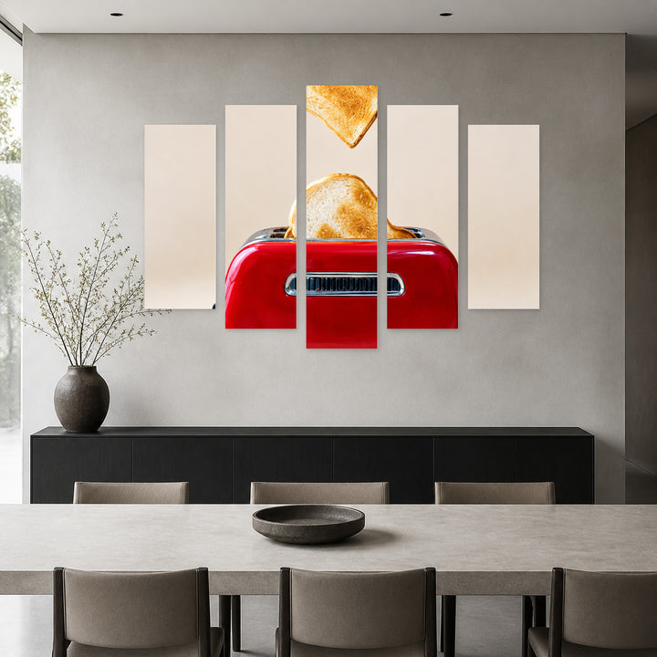 Red Toaster with Vintage Character — five-panel wall art in frontal interior | 5wallart 57566 M3