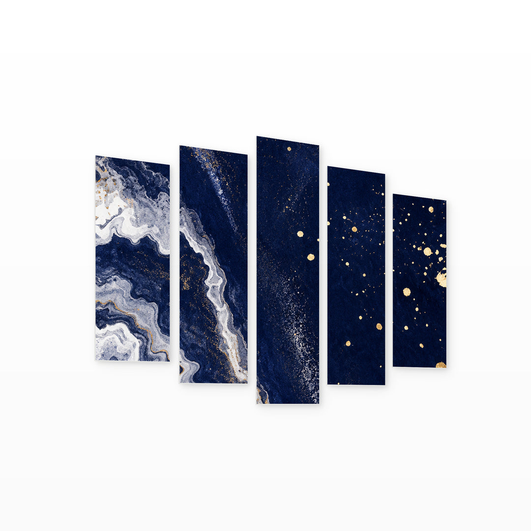 Abstract Night Sky in Blue and Gold — five-panel wall art on white background in perspective | 5wallart 57567 M1