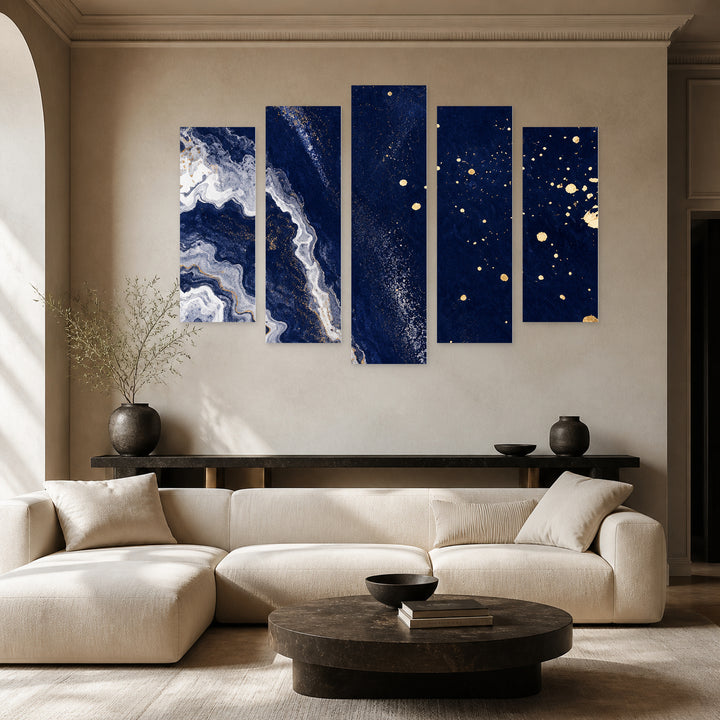 Abstract Night Sky in Blue and Gold — five-panel wall art in frontal interior | 5wallart 57567 M3