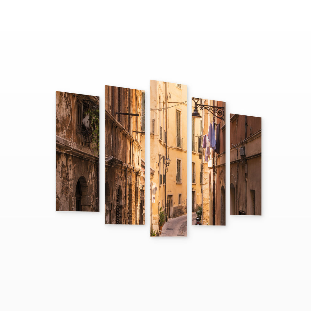 Narrow Streets in Serene Light — five-panel wall art on white background in perspective | 5wallart 57568 M1