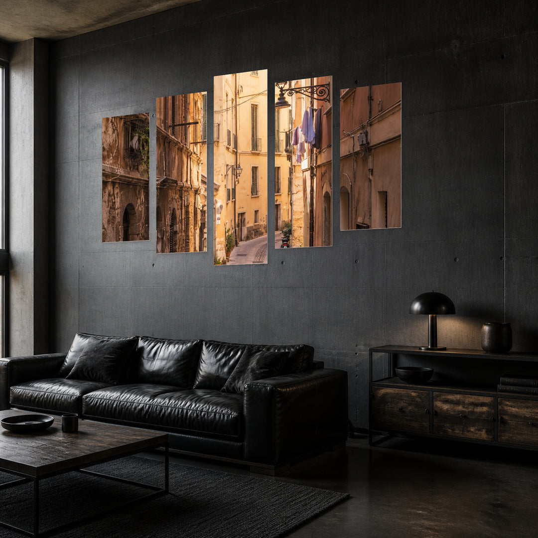 Narrow Streets in Serene Light — five-panel wall art in perspective interior | 5wallart 57568 M2