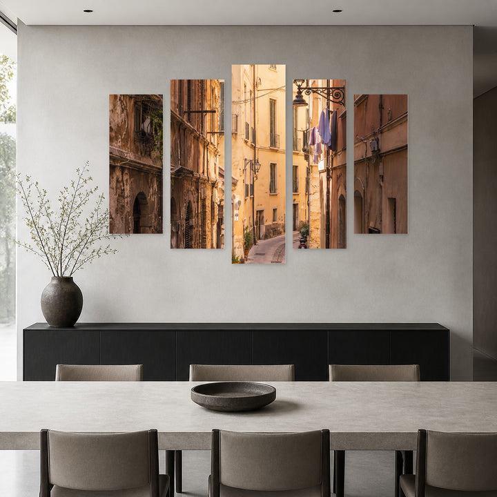 Narrow Streets in Serene Light — five-panel wall art in frontal interior | 5wallart 57568 M3
