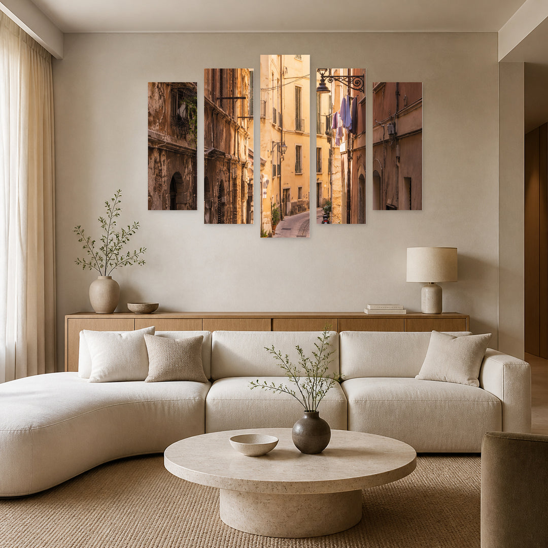 Narrow Streets in Serene Light — five-panel wall art in alternate frontal interior | 5wallart 57568 M4