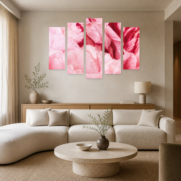 Shades of Pink with Geometric Rhythm — five-panel wall art in frontal interior | 5wallart 57571 M3