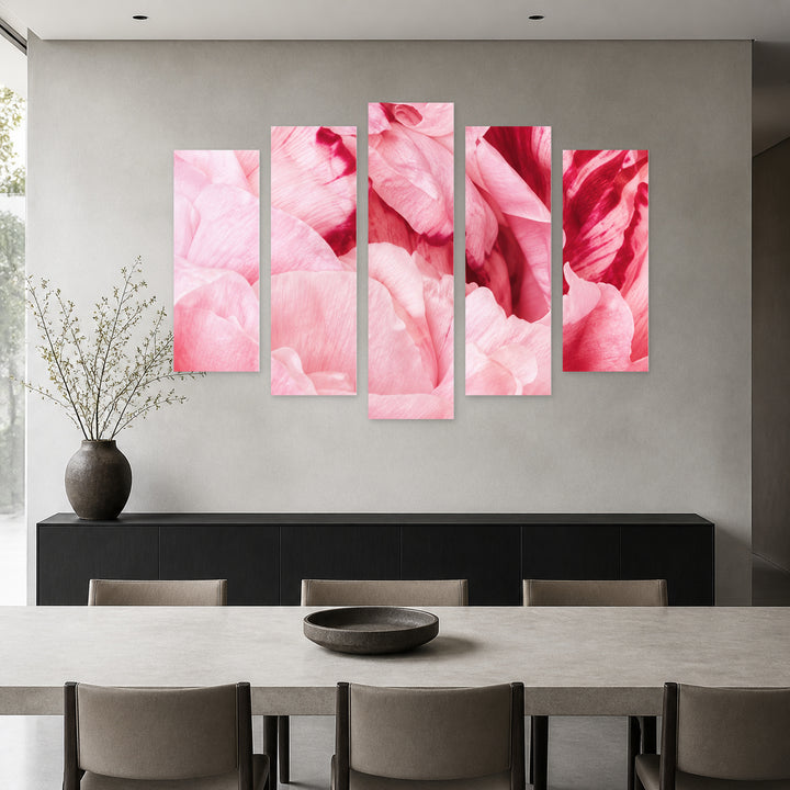 Shades of Pink with Geometric Rhythm — five-panel wall art in alternate frontal interior | 5wallart 57571 M4