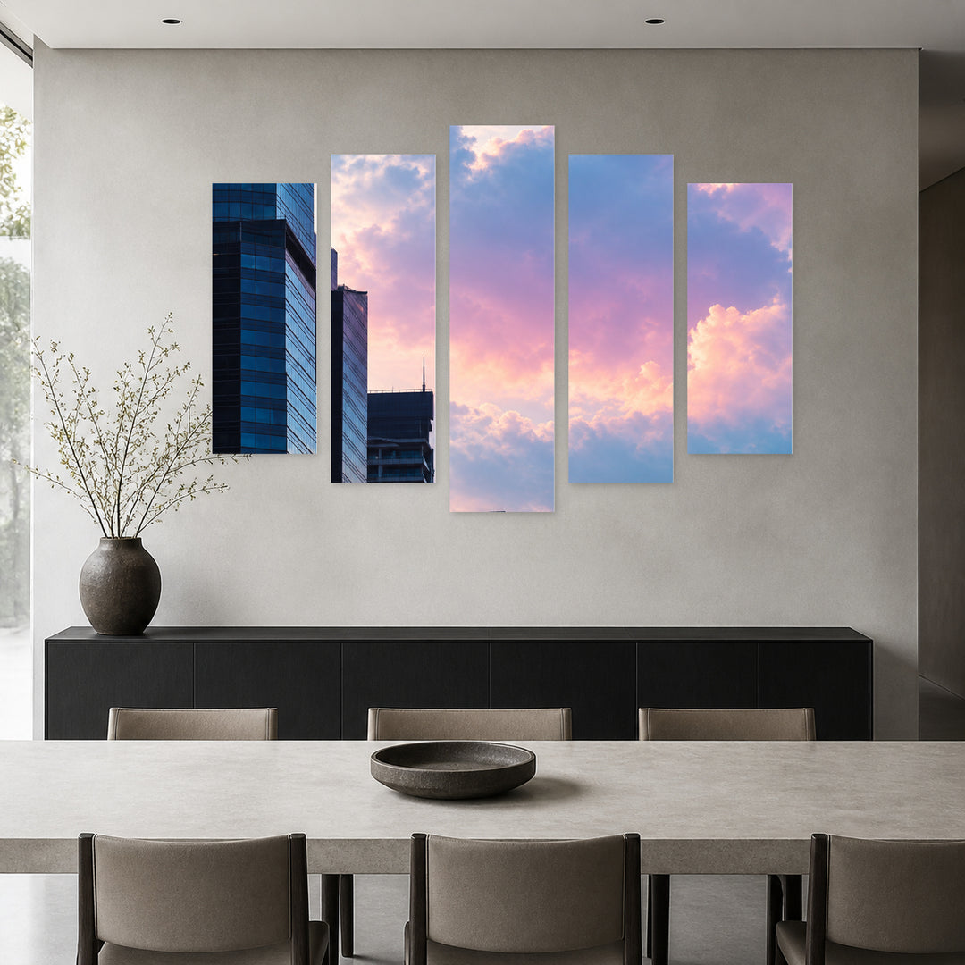 Tall Business Buildings Urban Panorama — five-panel wall art in frontal interior | 5wallart 57572 M3