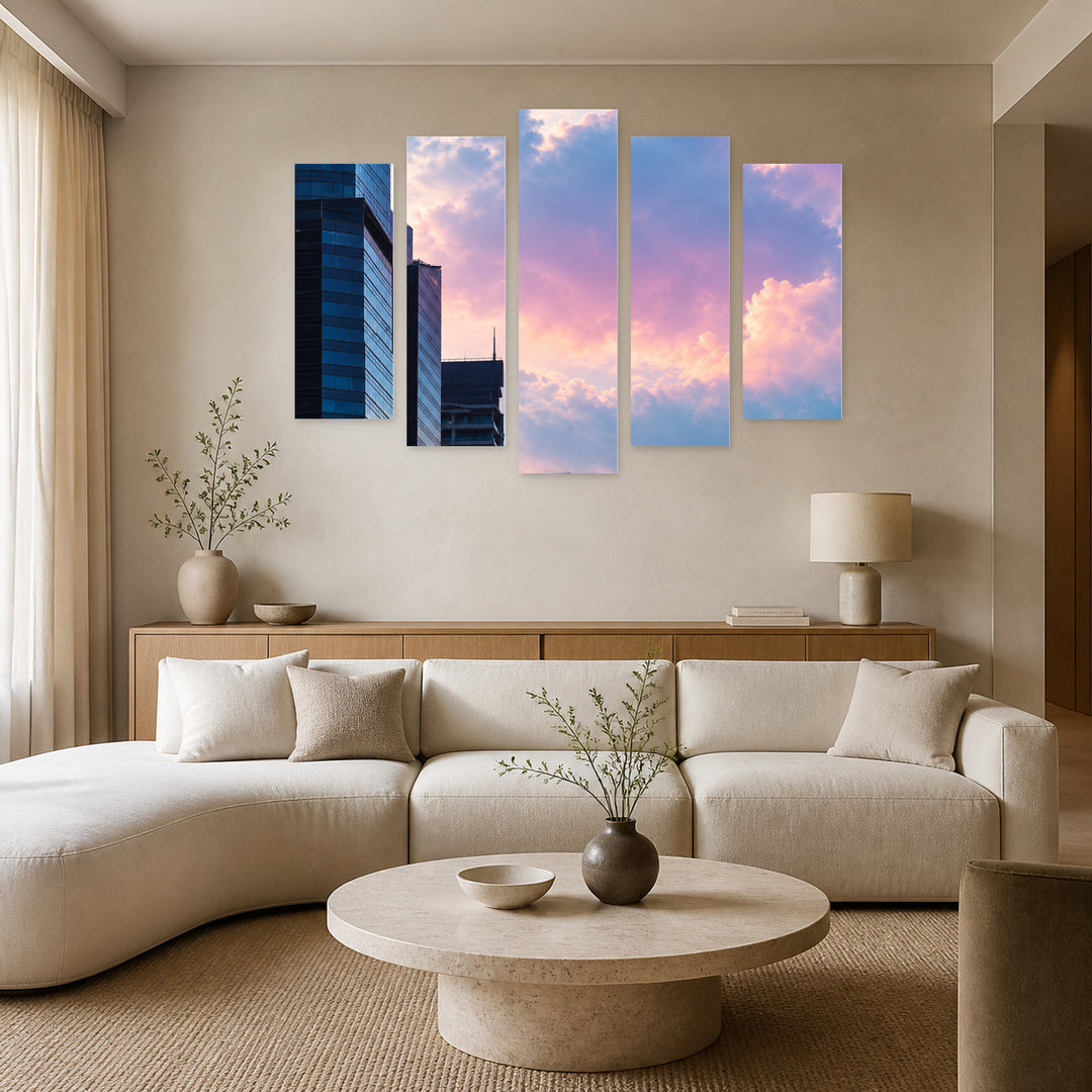 Tall Business Buildings Urban Panorama — five-panel wall art in alternate frontal interior | 5wallart 57572 M4