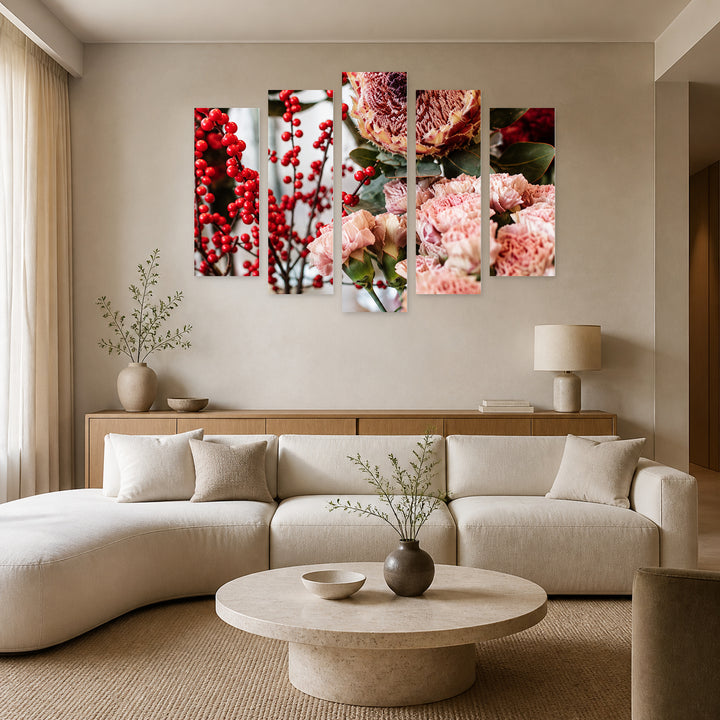 At the Flower Shop with Geometric Rhythm — five-panel wall art in frontal interior | 5wallart 57573 M3