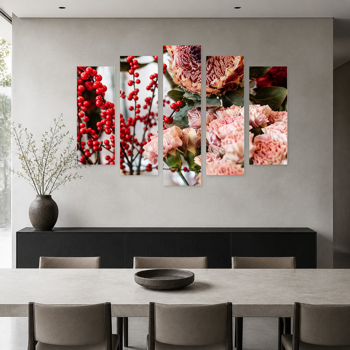 At the Flower Shop with Geometric Rhythm — five-panel wall art in alternate frontal interior | 5wallart 57573 M4