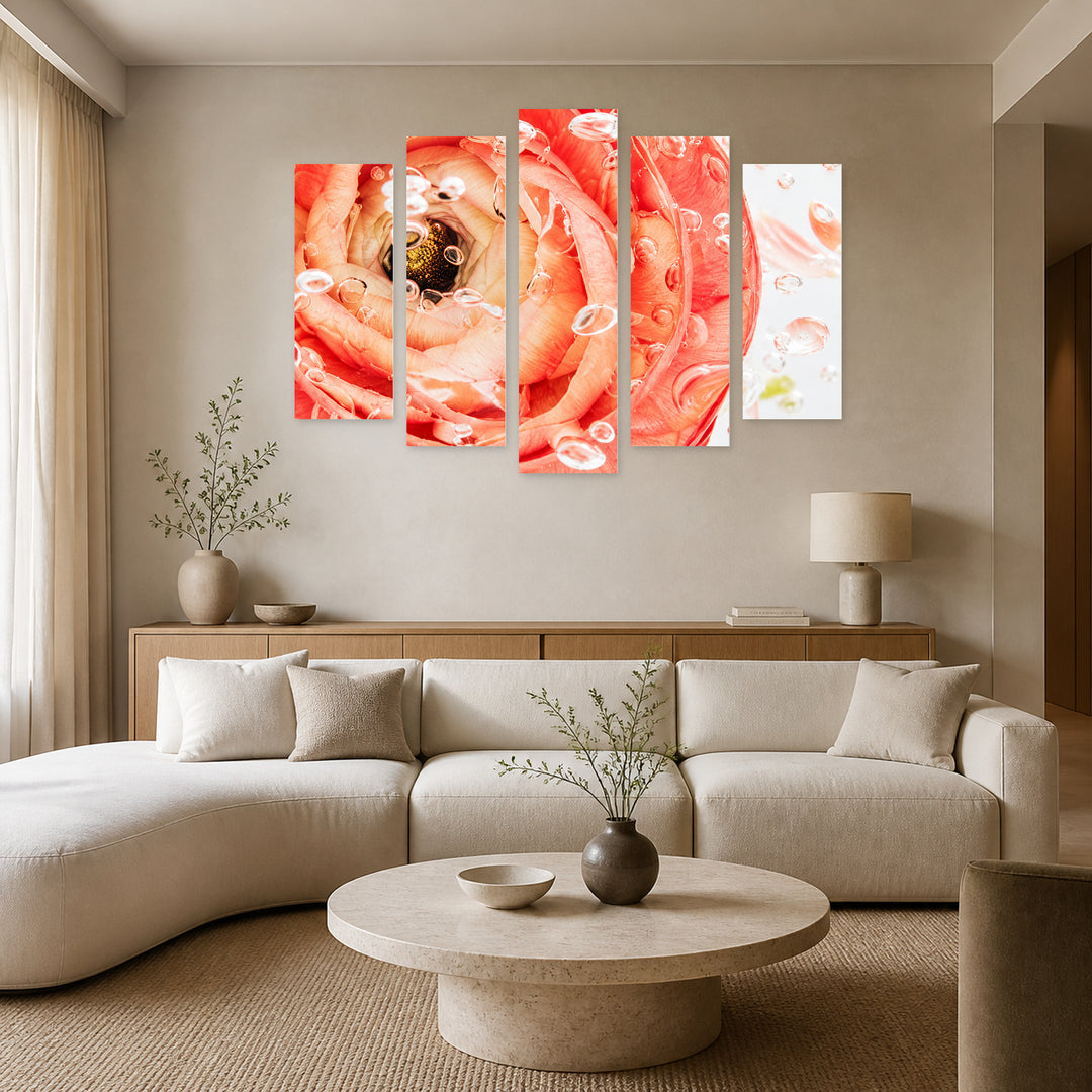 Peach Color with Geometric Rhythm — five-panel wall art in alternate frontal interior | 5wallart 57574 M4