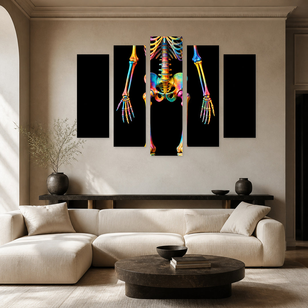 Skeleton in Vivid Color — five-panel wall art in frontal interior | 5wallart 57575 M3