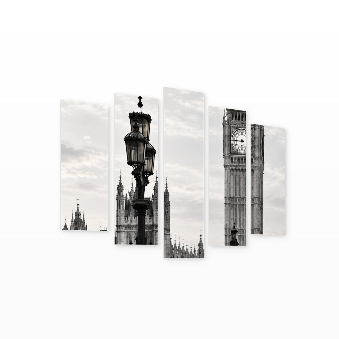 Big Ben Clock Tower in Serene Light — five-panel wall art on white background in perspective | 5wallart 57576 M1