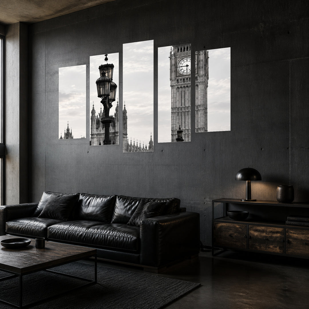 Big Ben Clock Tower in Serene Light — five-panel wall art in perspective interior | 5wallart 57576 M2