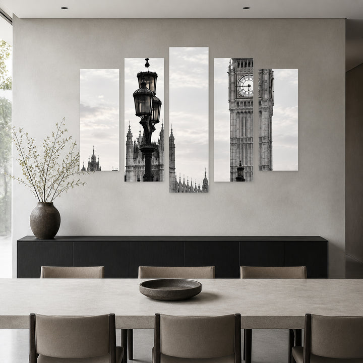 Big Ben Clock Tower in Serene Light — five-panel wall art in frontal interior | 5wallart 57576 M3
