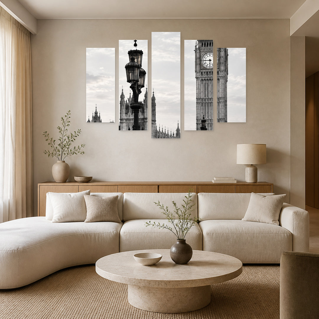 Big Ben Clock Tower in Serene Light — five-panel wall art in alternate frontal interior | 5wallart 57576 M4