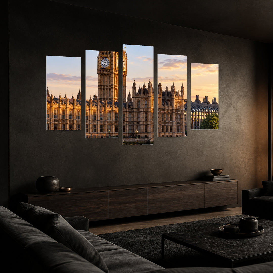 Big Ben Urban Panorama — five-panel wall art in perspective interior | 5wallart 57577 M2
