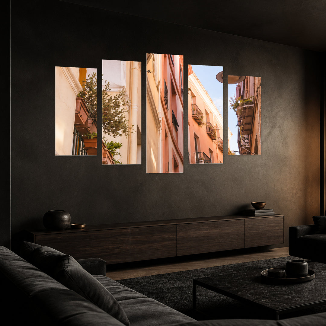 Terraces in Serene Light — five-panel wall art in perspective interior | 5wallart 57579 M2
