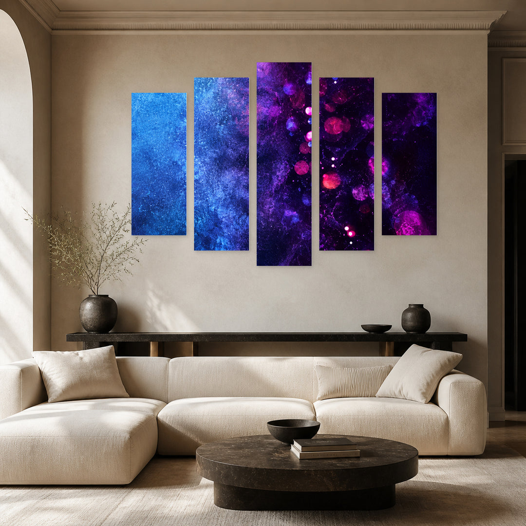 Space Painting with Geometric Rhythm — five-panel wall art in alternate frontal interior | 5wallart 57580 M4
