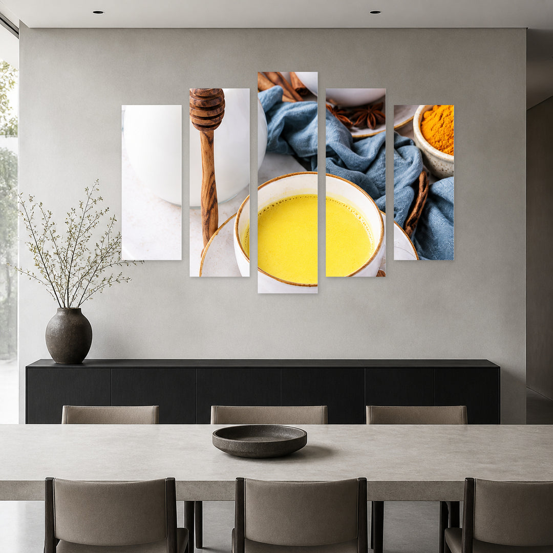 Tea with Milk in Serene Light — five-panel wall art in alternate frontal interior | 5wallart 57585 M4