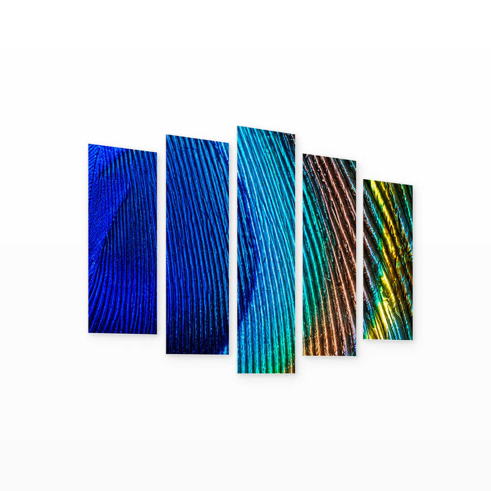 Peacock Feather in Blue and Gold — five-panel wall art on white background in perspective | 5wallart 57586 M1