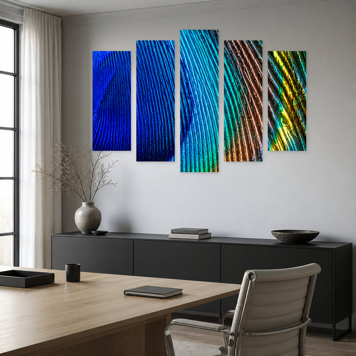 Peacock Feather in Blue and Gold — five-panel wall art in frontal interior | 5wallart 57586 M3