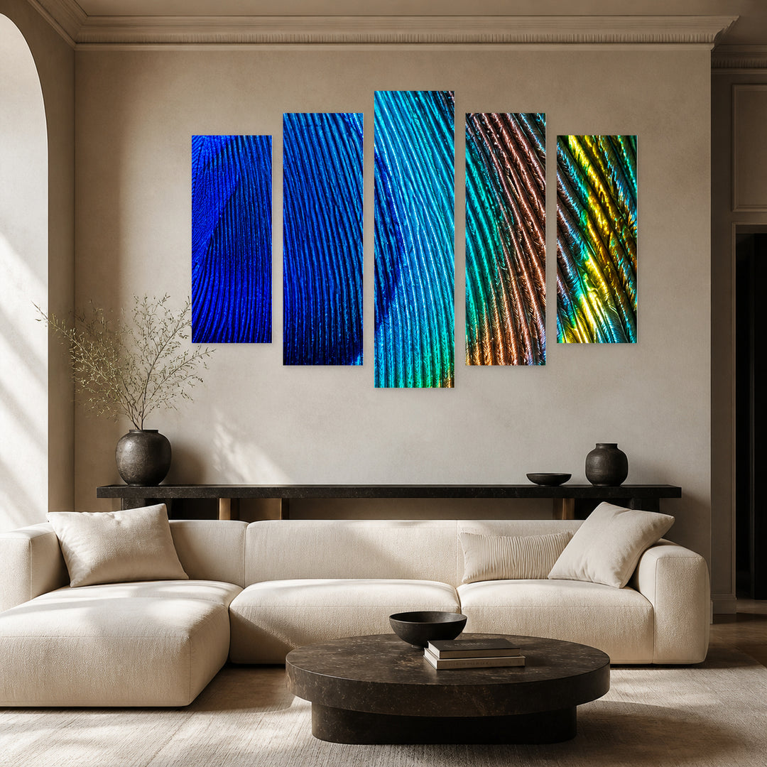 Peacock Feather in Blue and Gold — five-panel wall art in alternate frontal interior | 5wallart 57586 M4
