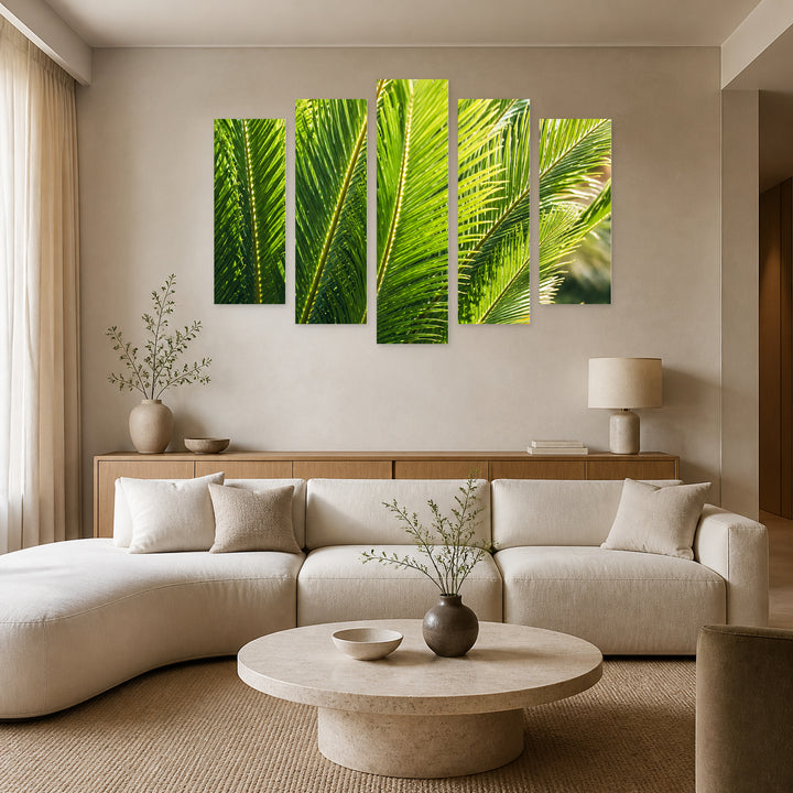 Sago Palm in Vivid Color — five-panel wall art in frontal interior | 5wallart 57587 M3