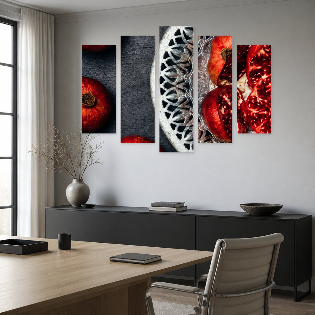 Pomegranate with Geometric Rhythm — five-panel wall art in frontal interior | 5wallart 57588 M3