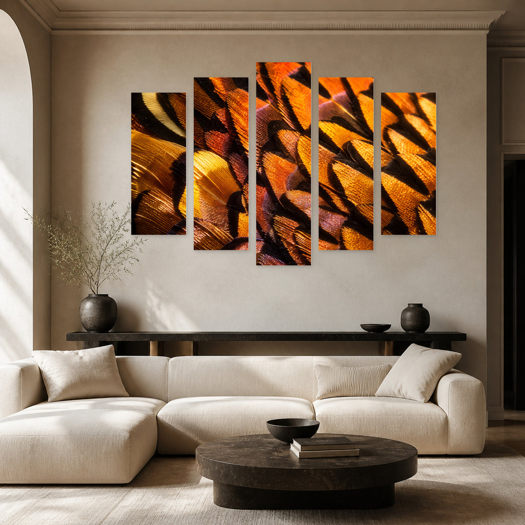 Wooden Fragments in Serene Light — five-panel wall art in frontal interior | 5wallart 57589 M3