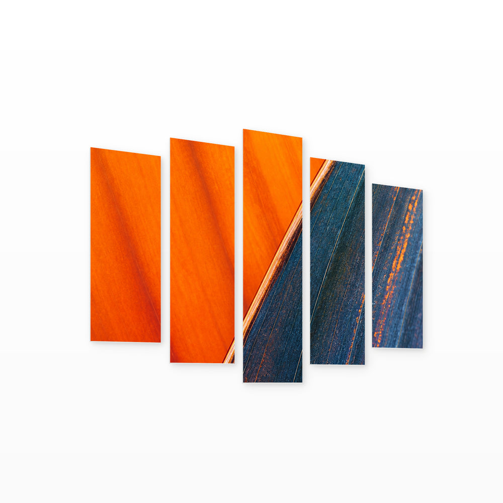 Blue Leaf with Geometric Rhythm — five-panel wall art on white background in perspective | 5wallart 57590 M1