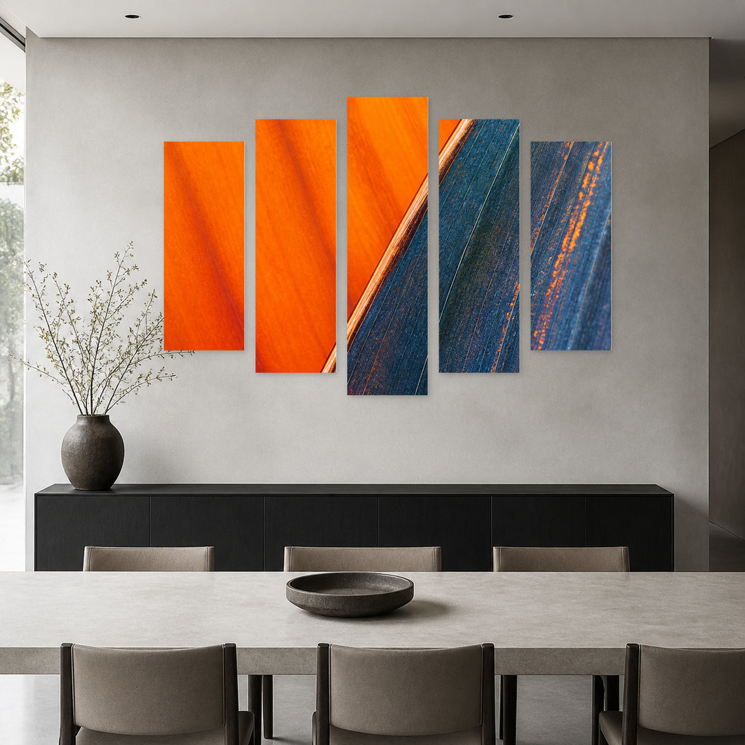 Blue Leaf with Geometric Rhythm — five-panel wall art in frontal interior | 5wallart 57590 M3