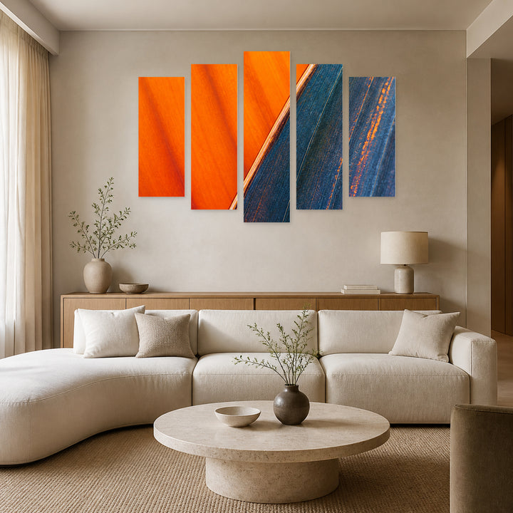 Blue Leaf with Geometric Rhythm — five-panel wall art in alternate frontal interior | 5wallart 57590 M4