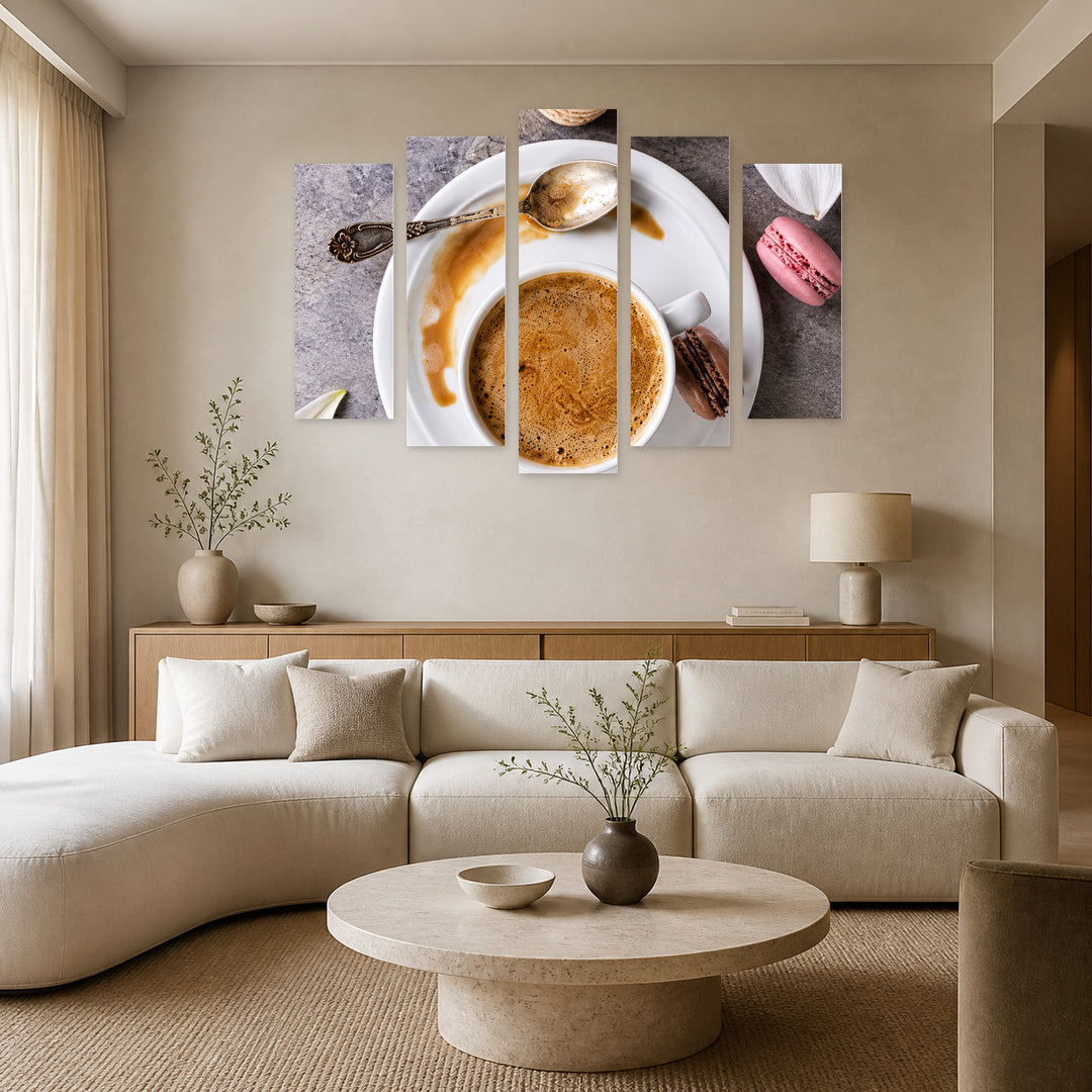 Delicious Coffee Still Life — five-panel wall art in alternate frontal interior | 5wallart 57594 M4