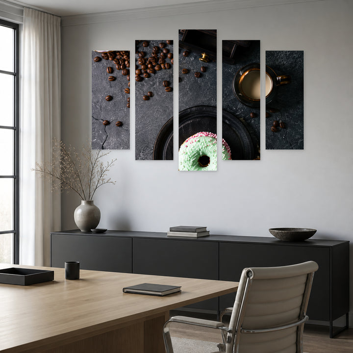 Donuts in Soft Pastels — five-panel wall art in alternate frontal interior | 5wallart 57595 M4