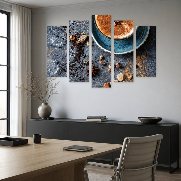 Cinnamon Flavor with Dramatic Contrast — five-panel wall art in frontal interior | 5wallart 57596 M3