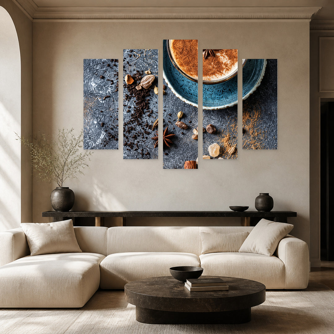 Cinnamon Flavor with Dramatic Contrast — five-panel wall art in alternate frontal interior | 5wallart 57596 M4