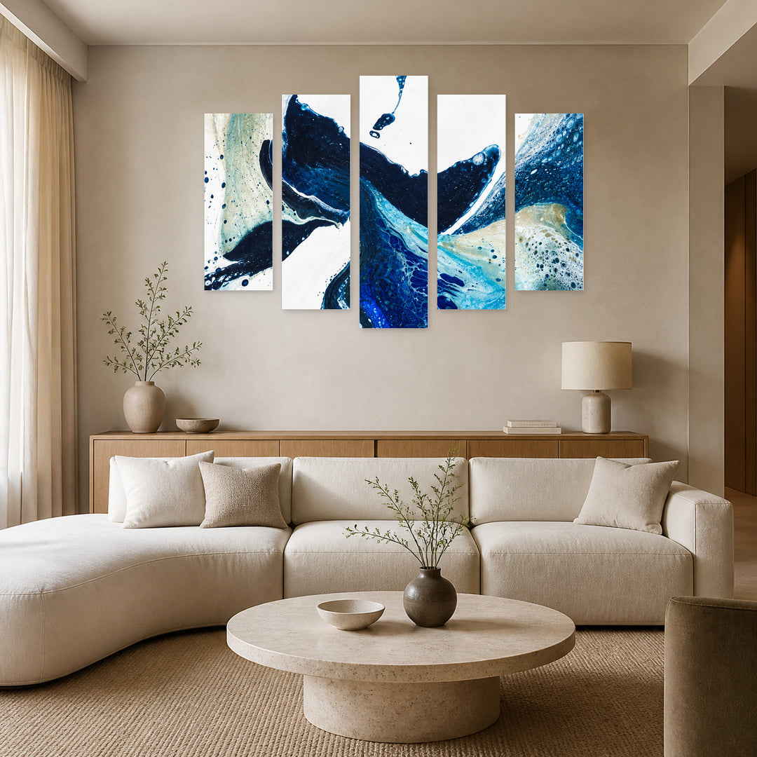 Blue Vision in Serene Light — five-panel wall art in frontal interior | 5wallart 57597 M3