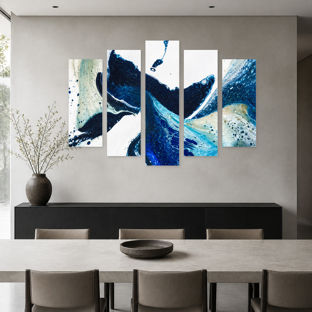 Blue Vision in Serene Light — five-panel wall art in alternate frontal interior | 5wallart 57597 M4