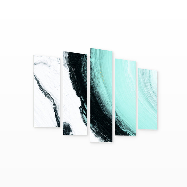 Sweet Blue with Geometric Rhythm — five-panel wall art on white background in perspective | 5wallart 57598 M1