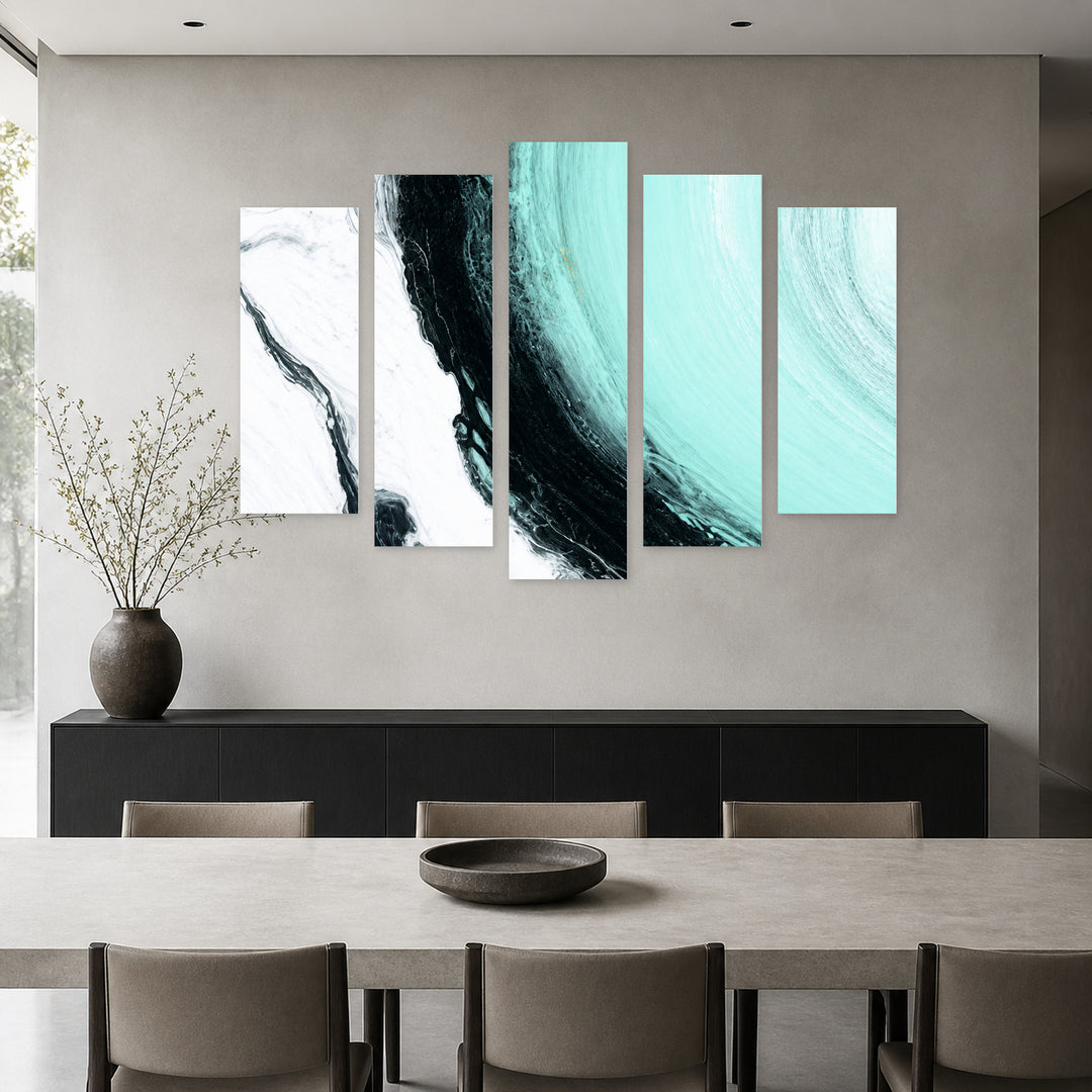 Sweet Blue with Geometric Rhythm — five-panel wall art in frontal interior | 5wallart 57598 M3