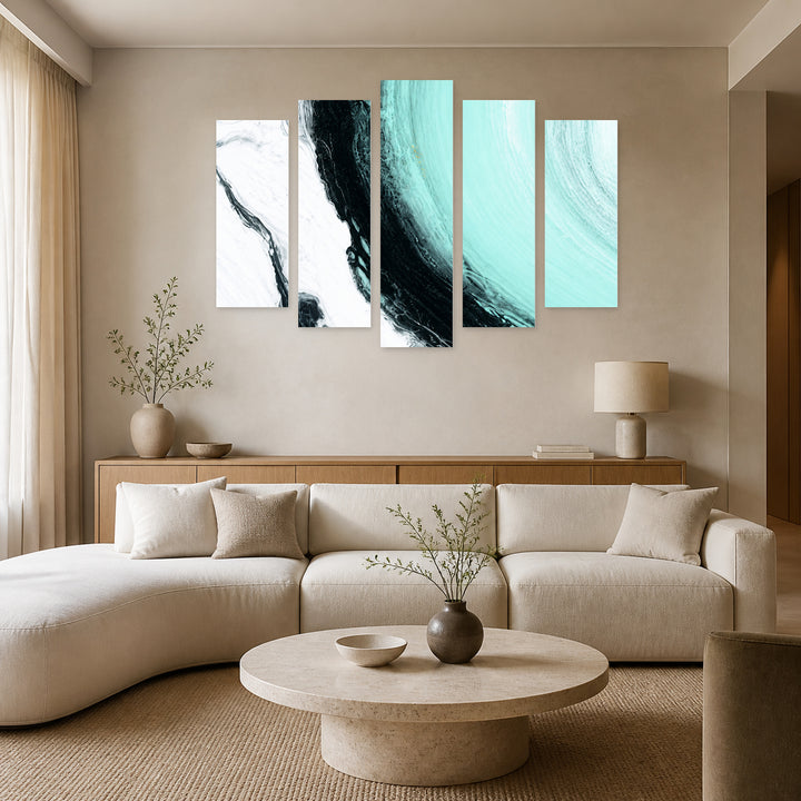 Sweet Blue with Geometric Rhythm — five-panel wall art in alternate frontal interior | 5wallart 57598 M4
