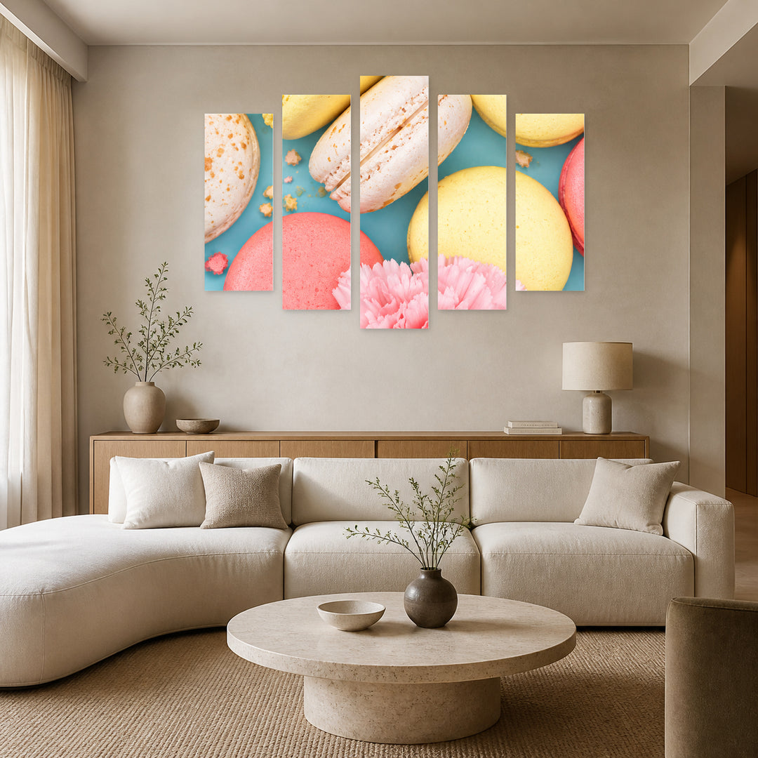 Macaroni with Dramatic Contrast — five-panel wall art in frontal interior | 5wallart 57599 M3