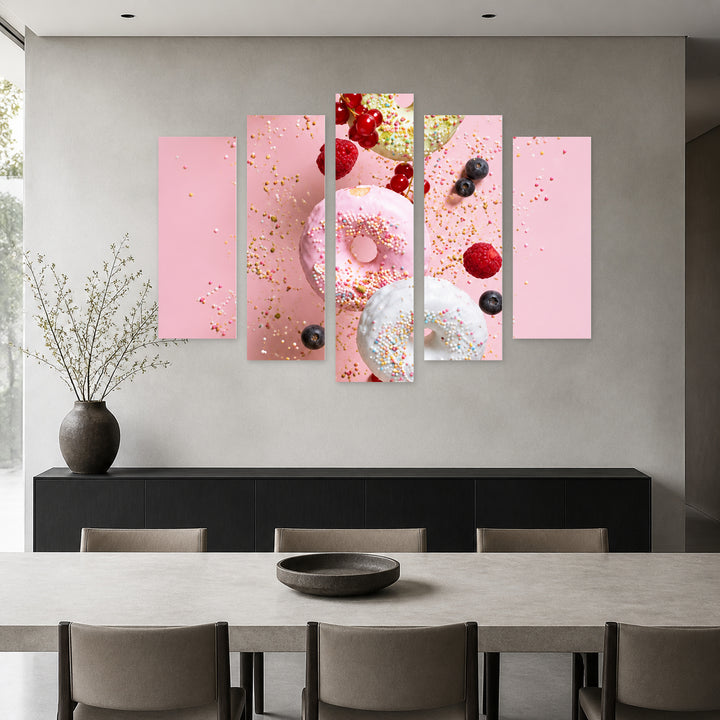 Sugary Passions with Geometric Rhythm — five-panel wall art in frontal interior | 5wallart 57600 M3