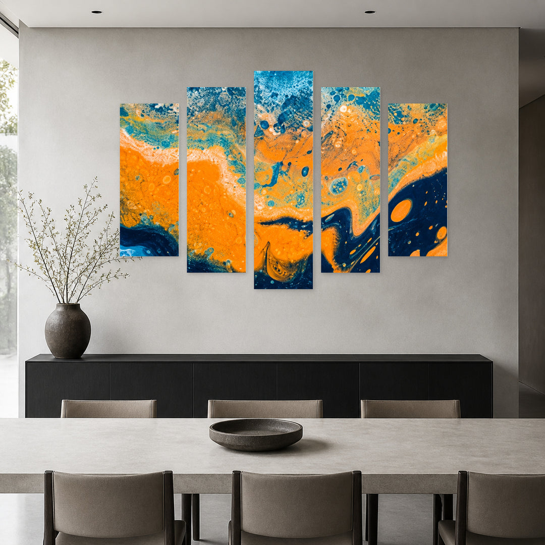 Orange Sea in Serene Light — five-panel wall art in alternate frontal interior | 5wallart 57601 M4