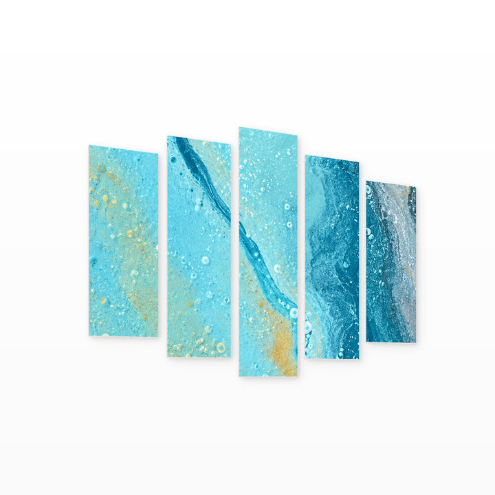 Blue Idea with Geometric Rhythm — five-panel wall art on white background in perspective | 5wallart 57602 M1