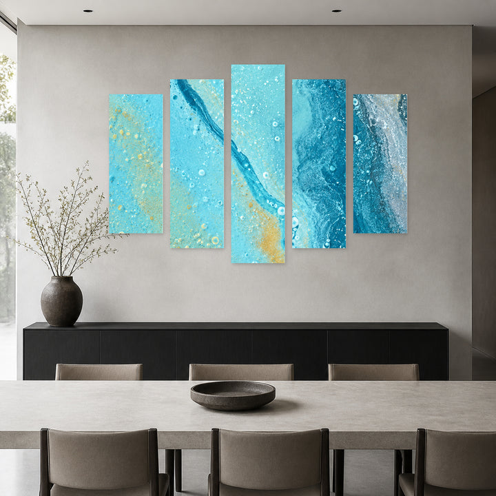 Blue Idea with Geometric Rhythm — five-panel wall art in frontal interior | 5wallart 57602 M3
