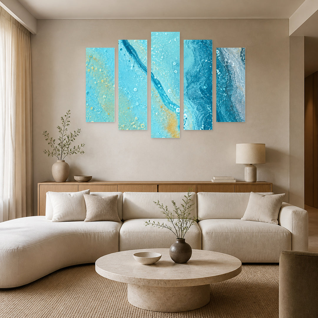 Blue Idea with Geometric Rhythm — five-panel wall art in alternate frontal interior | 5wallart 57602 M4